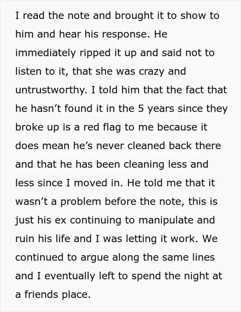 Note about boyfriend’s ex warning and ongoing manipulation, with a story of distrust.