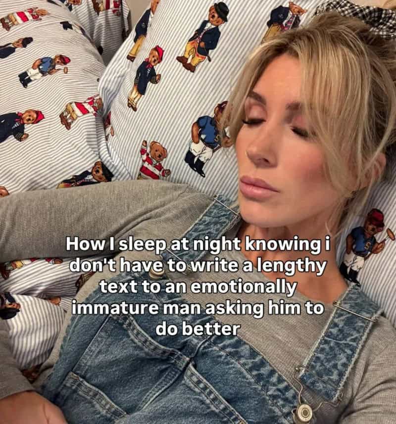 Woman sleeping on pillow with patterned pillowcases, caption about sleep and emotional text.