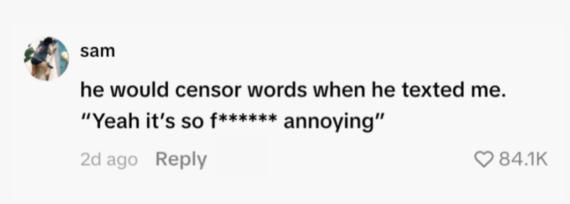 Text message conversation about censoring words, saying it's annoying.
