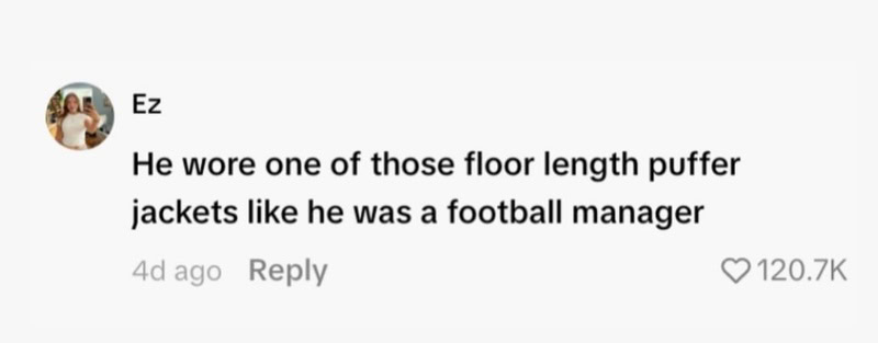 Person wearing a floor-length puffer jacket, resembling a football manager.