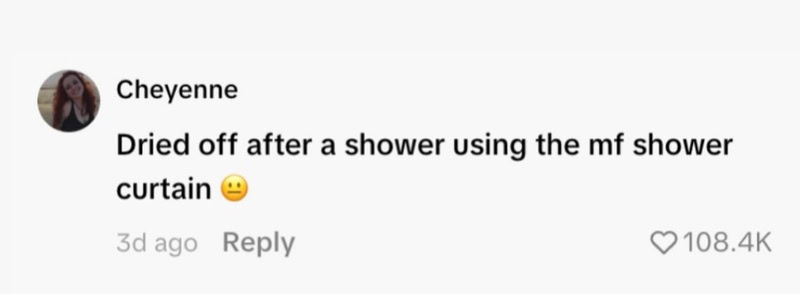 Dried off after a shower using the shower curtain smiley face.