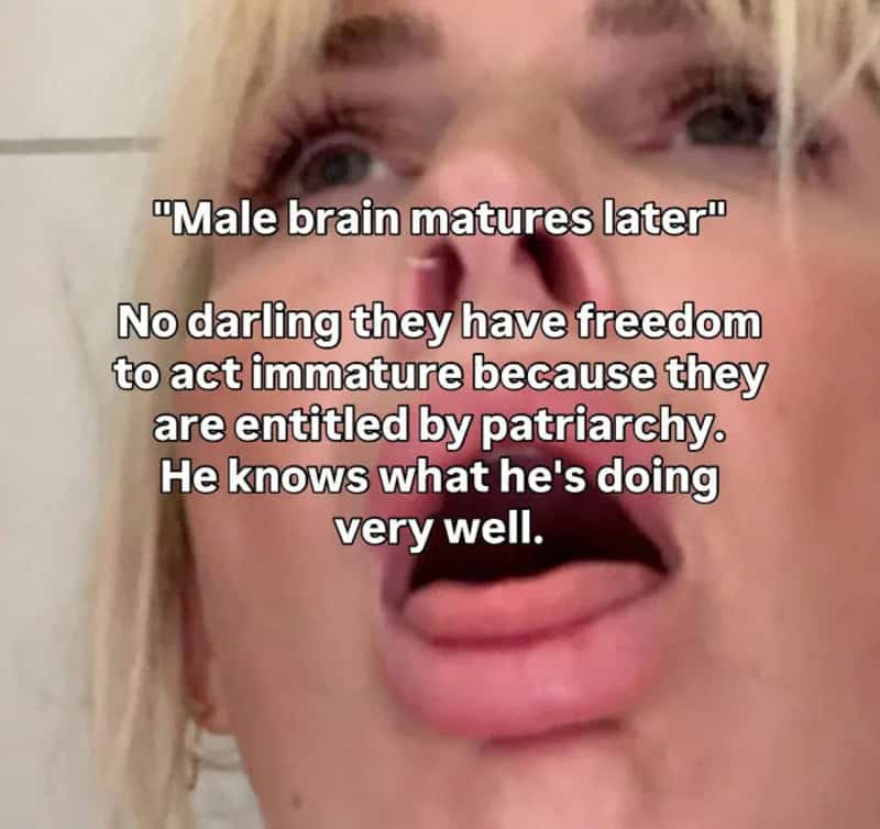 Close-up of a woman with blonde hair and makeup, tongue out, with quote about male brain maturity.