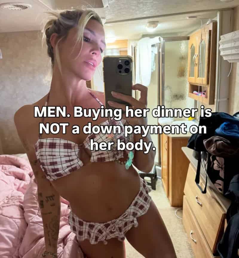 Woman taking mirror selfie with text about men and dinner.
