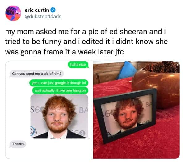 A photo of Ed Sheeran's face on a tablet and a printed photo, with a humorous caption about editing.