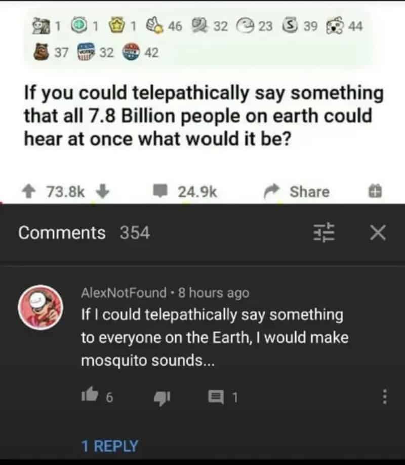 Text about telepathically saying something to 7.8 billion people on Earth.