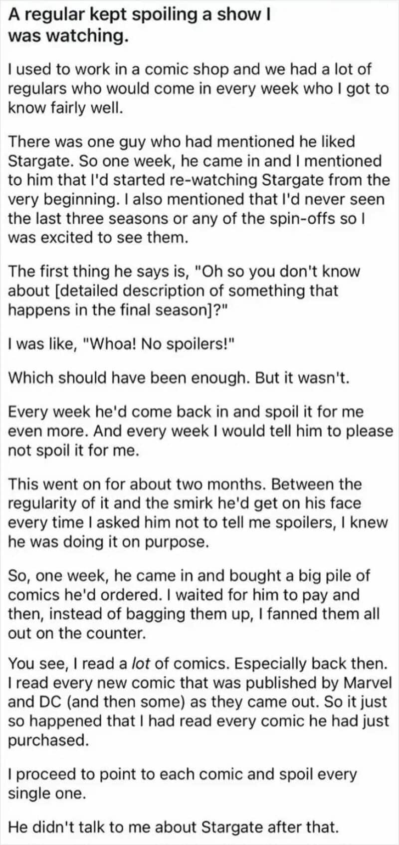 A comic strip with a person talking about spoiling a show and buying comics.