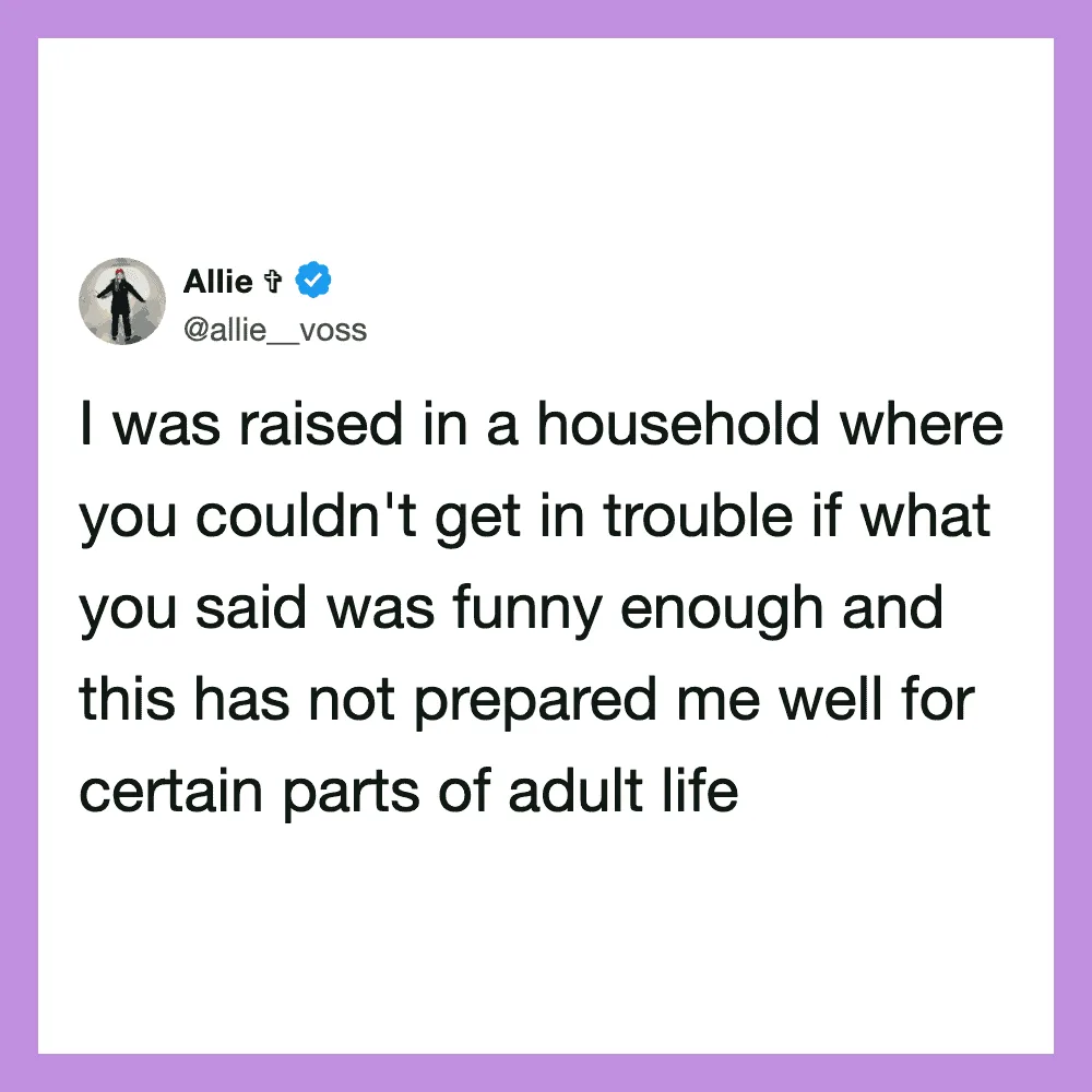 Allie tweets about her upbringing and adult life challenges.