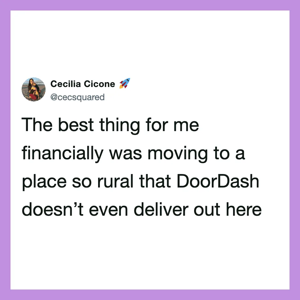 Cecilia Cicone's tweet about moving to a rural area where DoorDash doesn't deliver.