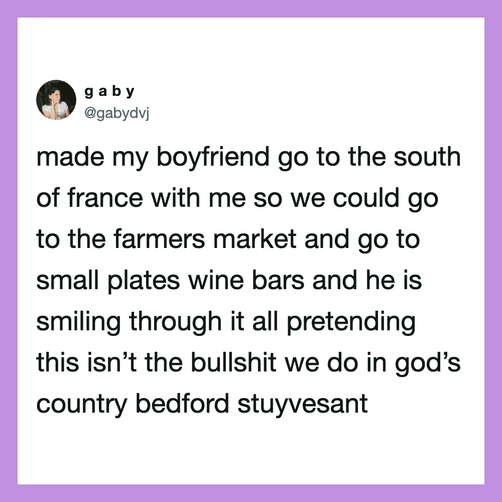 Woman's tweet about traveling to France and visiting markets and wine bars.
