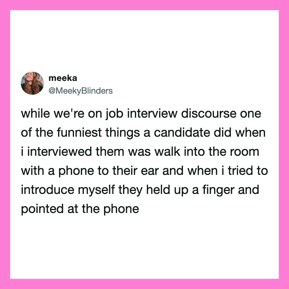 A tweet by meeka about a funny interview moment involving a phone and a finger.