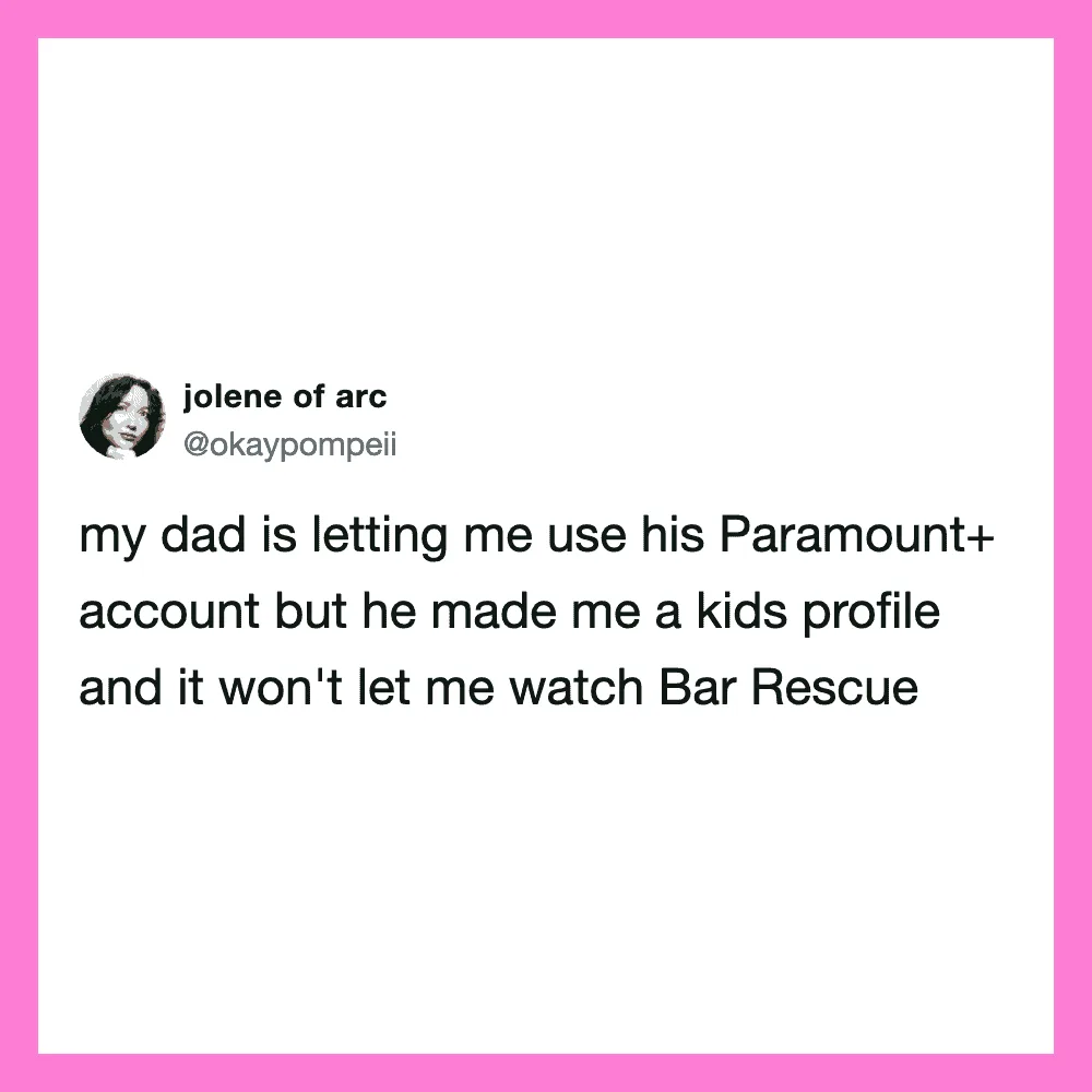 Twitter post about dad allowing account use but not watching Bar Rescue.