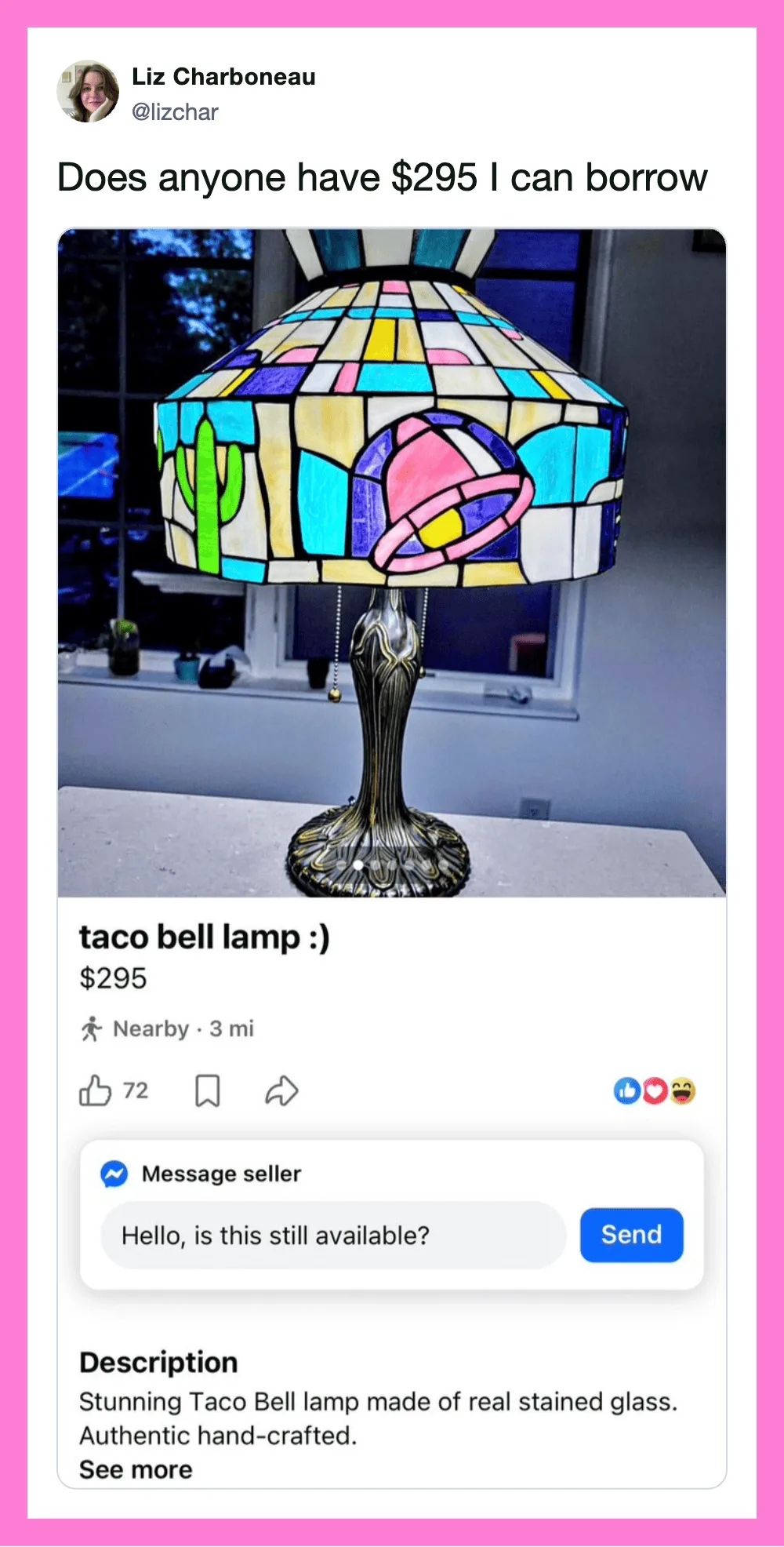 Taco Bell lamp made of stained glass with colorful taco design.