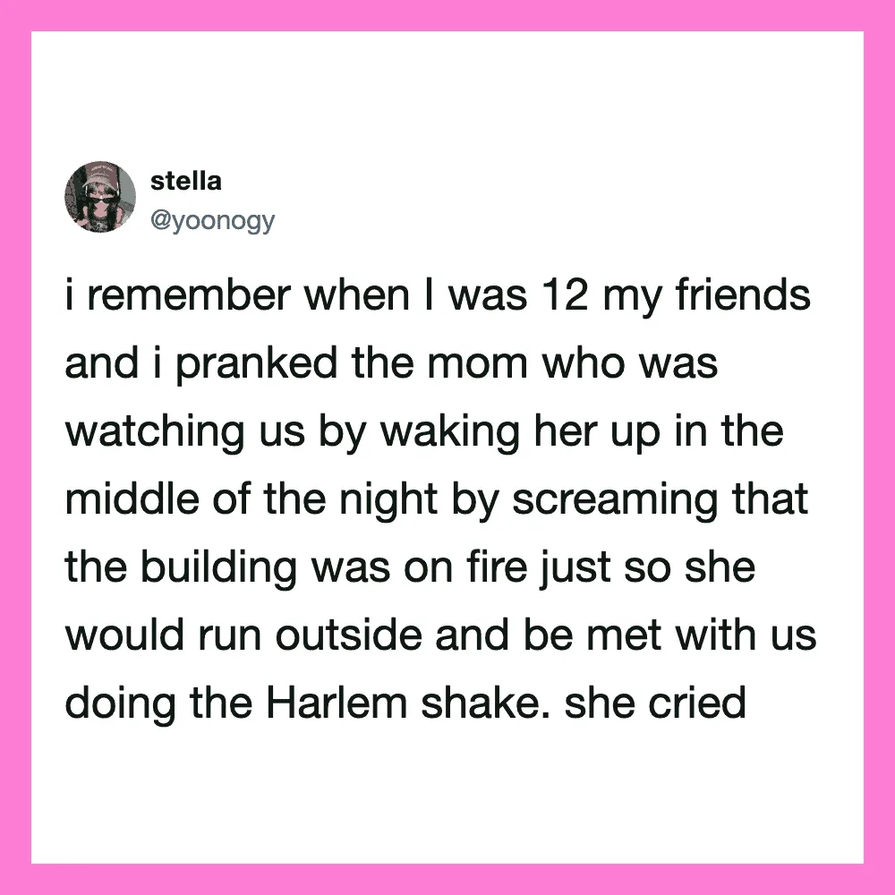 A tweet from Stella about pranking her mom at age 12 by setting a building on fire.
