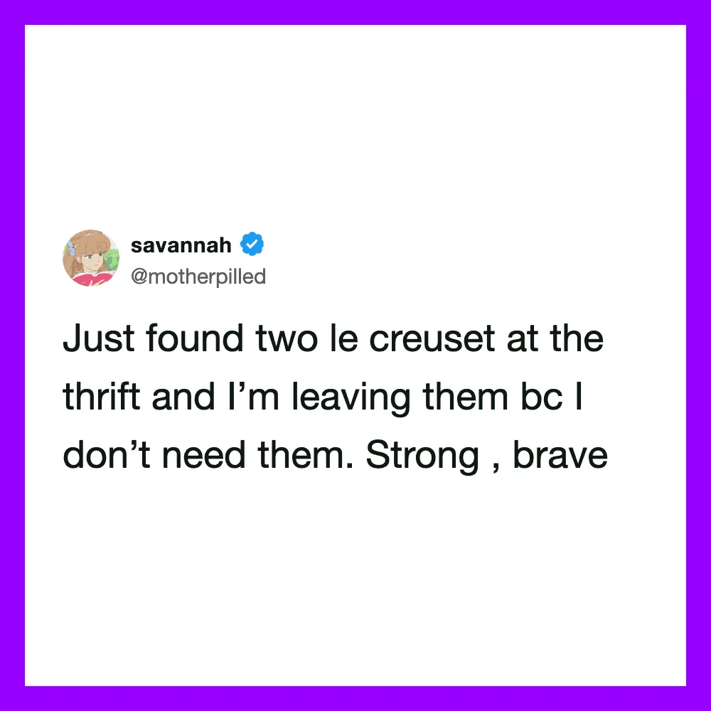 Twitter post by savannah about finding two le creuset at thrift store.