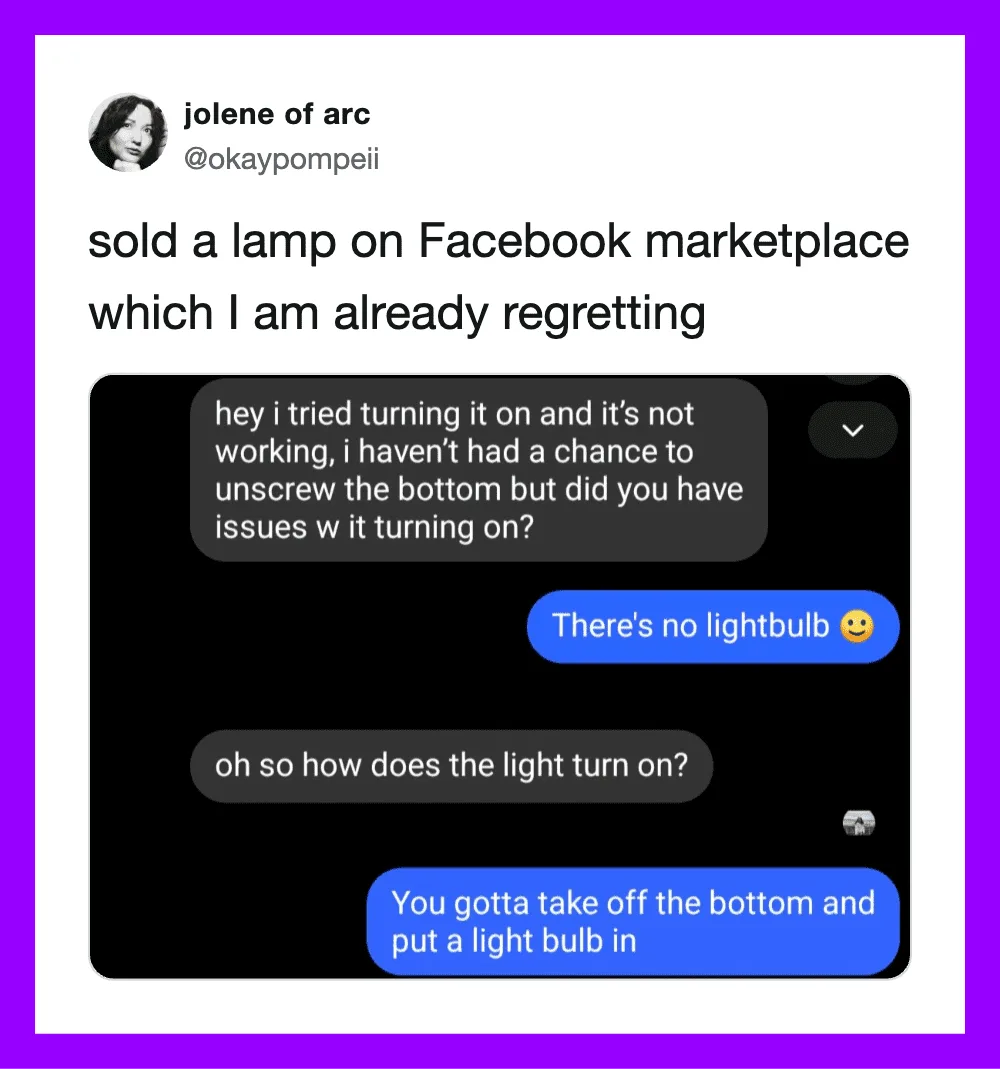 Screenshot of a Facebook marketplace chat about a lamp not turning on.