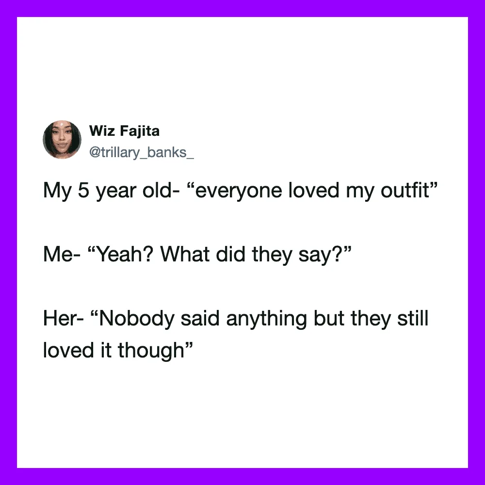 A tweet from Wiz Fajita about her 5-year-old outfit and her child's comments.