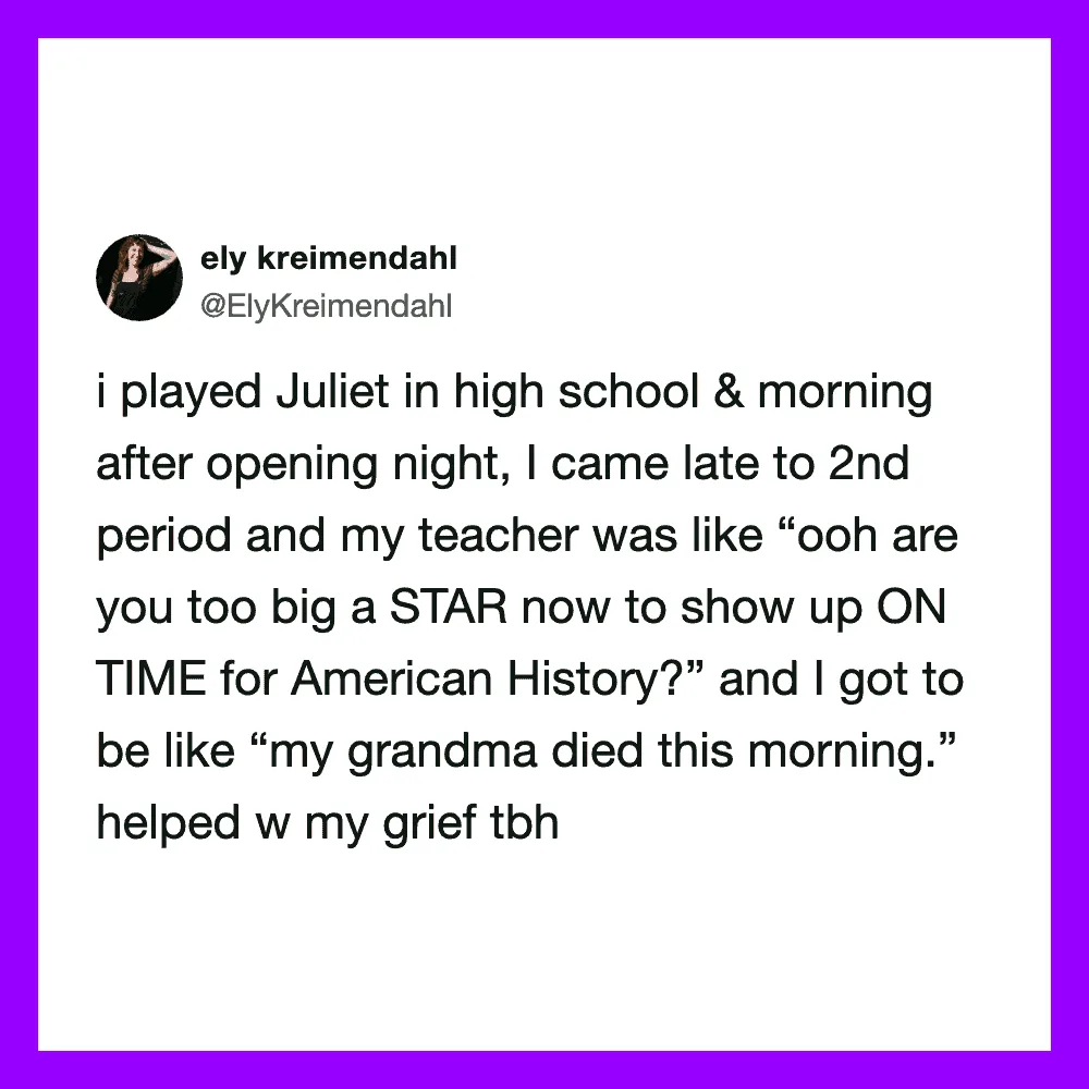 A tweet about playing Juliet in high school and a teacher's comment.