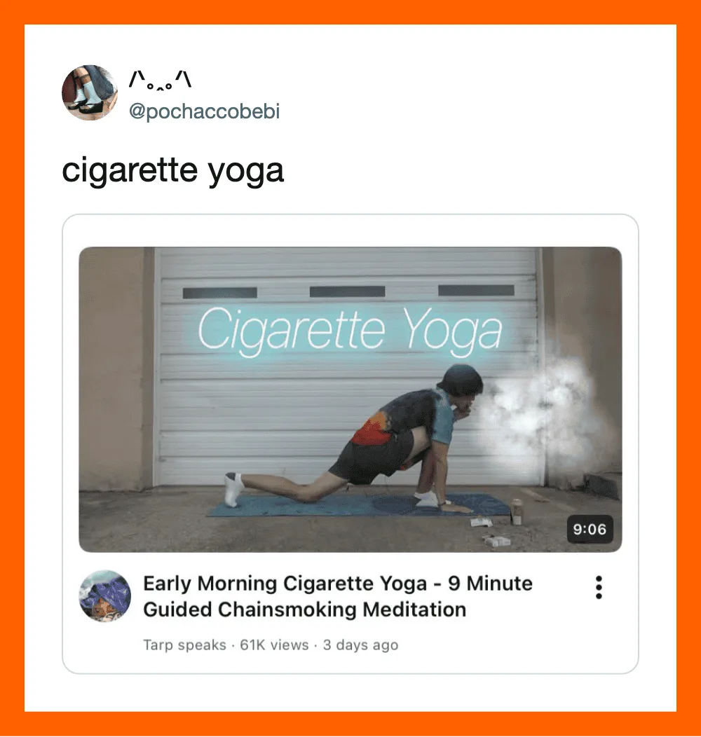 Person doing cigarette yoga on the street with smoke around them, 'Cigarette Yoga' text overlay.