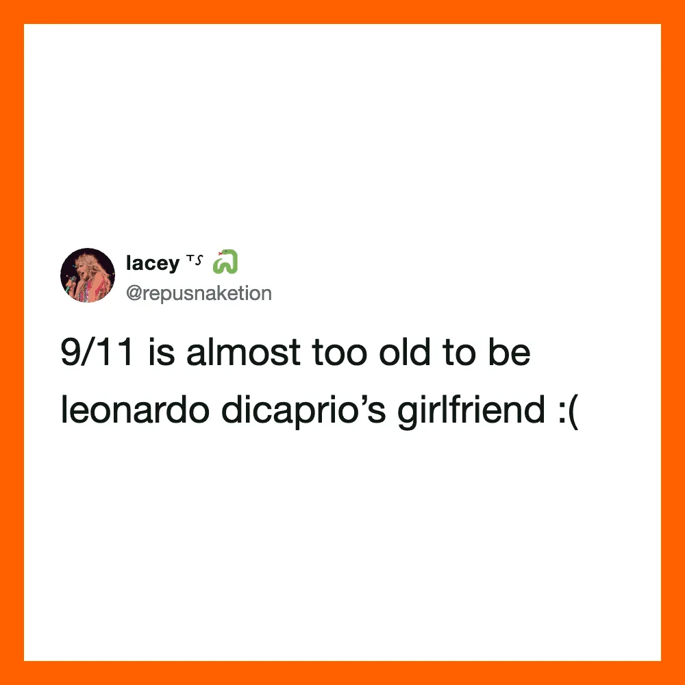 Twitter post by @repusnakedtion about 9/11 and Leonardo DiCaprio's girlfriend.