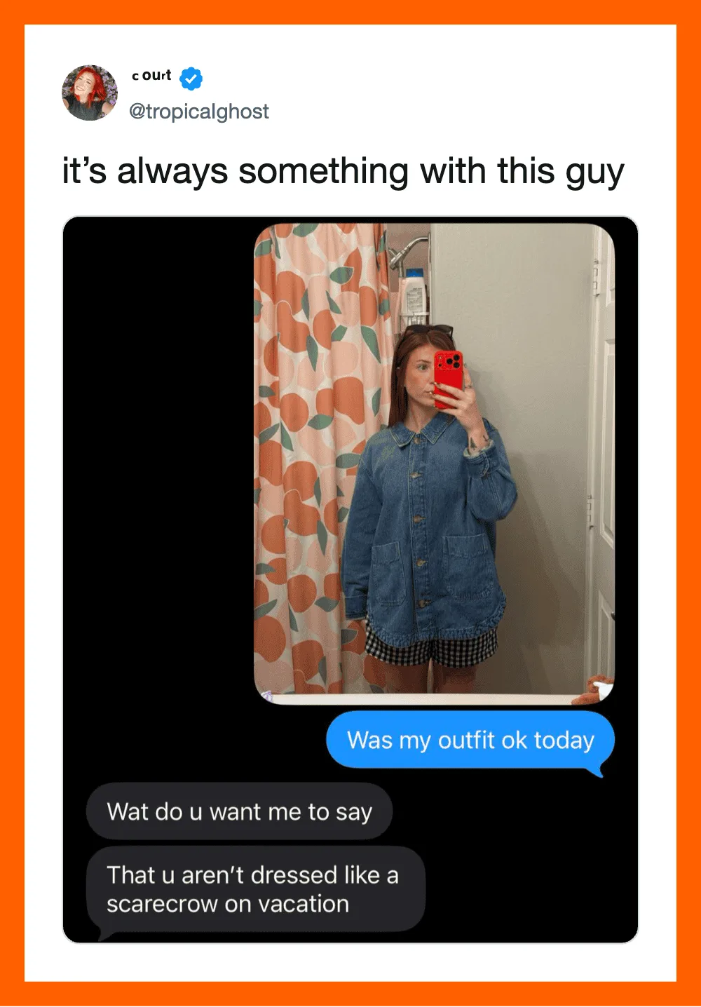 Screenshot of a tweet with a woman taking a mirror selfie in a denim jacket and checkered shorts.