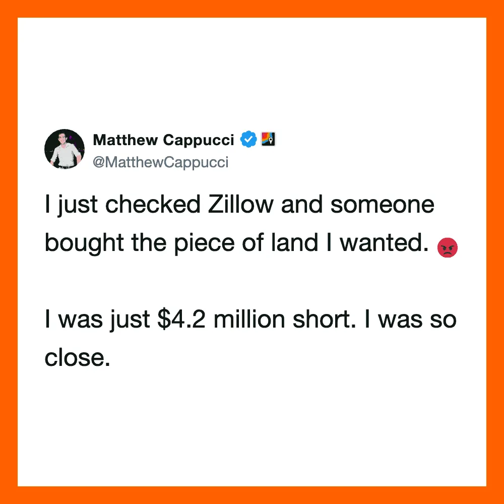 Matthew Cappucci's tweet about Zillow and land purchase, with a red angry face emoji.