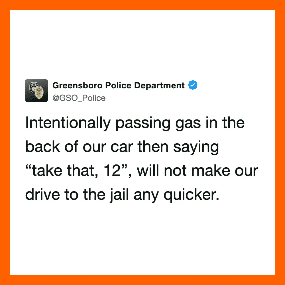 Greensboro Police tweet about intentionally passing gas in the car and joking about jail.