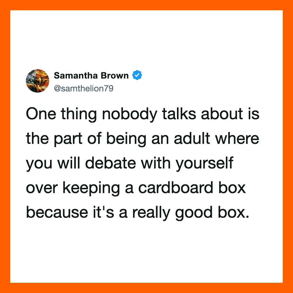 Samantha Brown's tweet about debating with yourself over a cardboard box.
