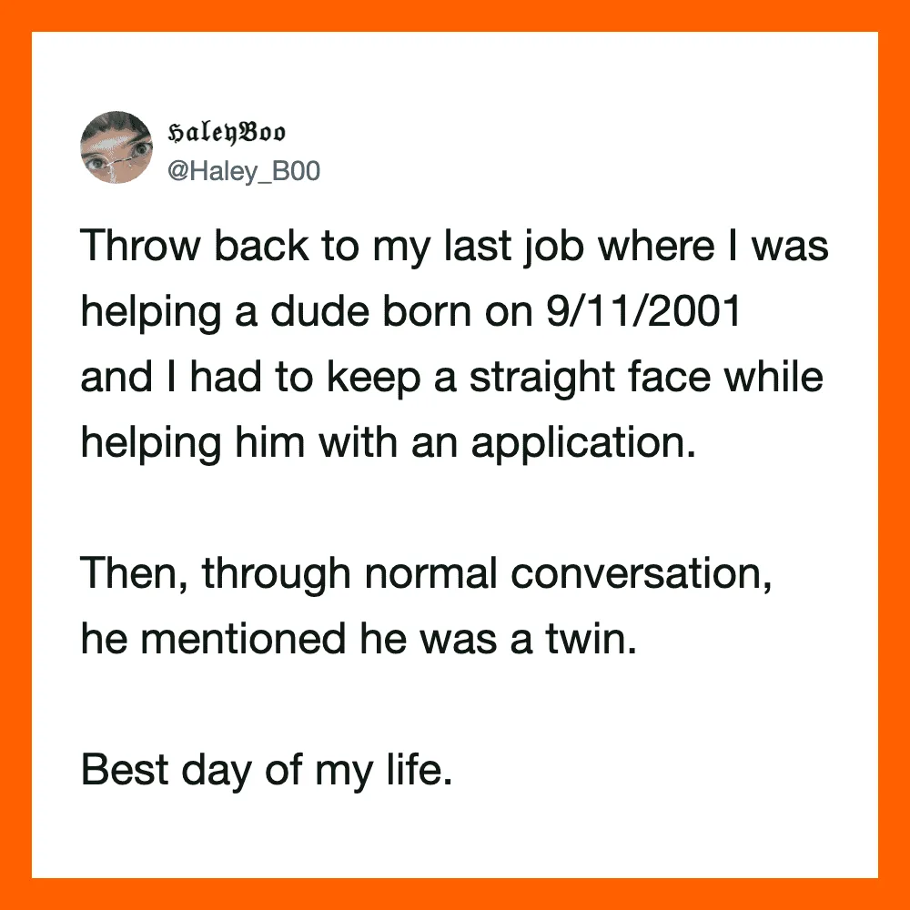 Twitter post about helping a twin born on 9/11/2001 at a previous job.