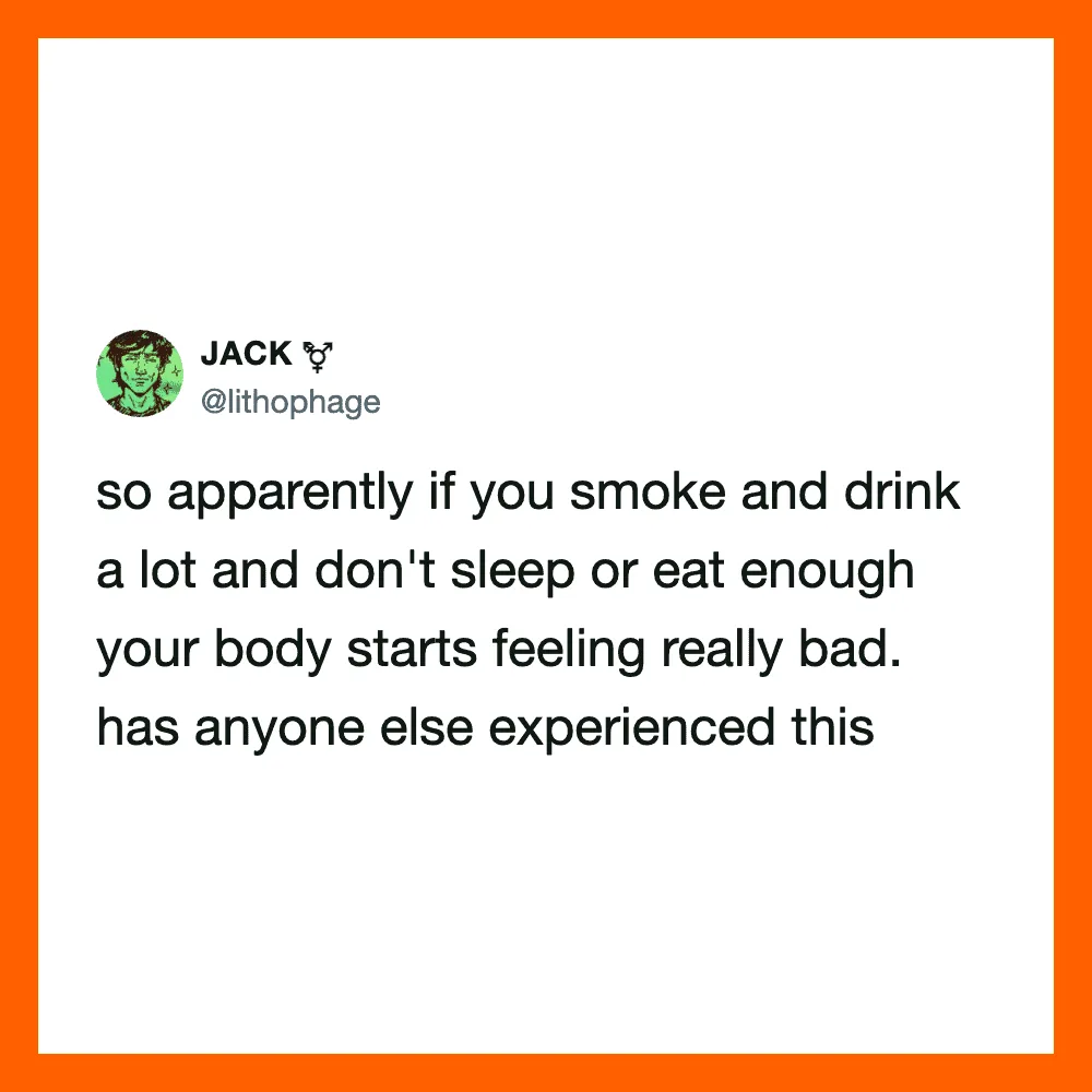 Twitter post by JACK about smoking, drinking, sleep, and health.