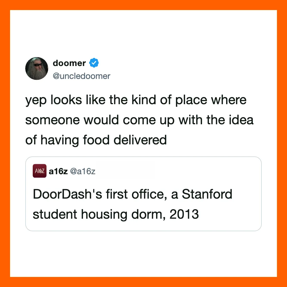 Doomer's tweet about DoorDash's first office, a Stanford student housing dorm, 2013.