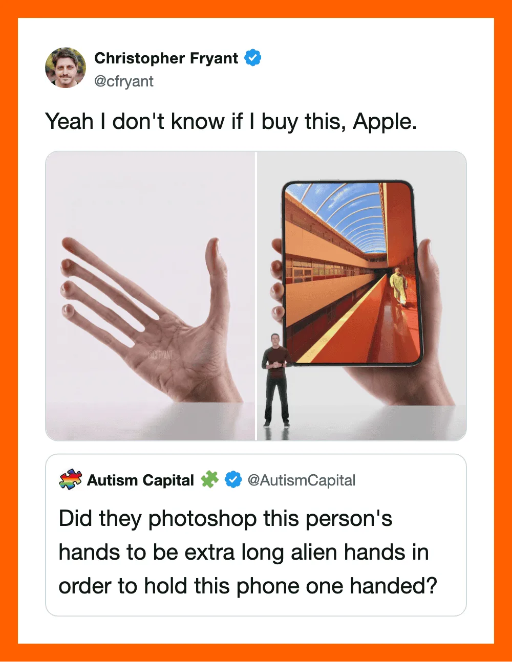 Tweet by Christopher Fryant about Apple and a photo of a hand and a phone.