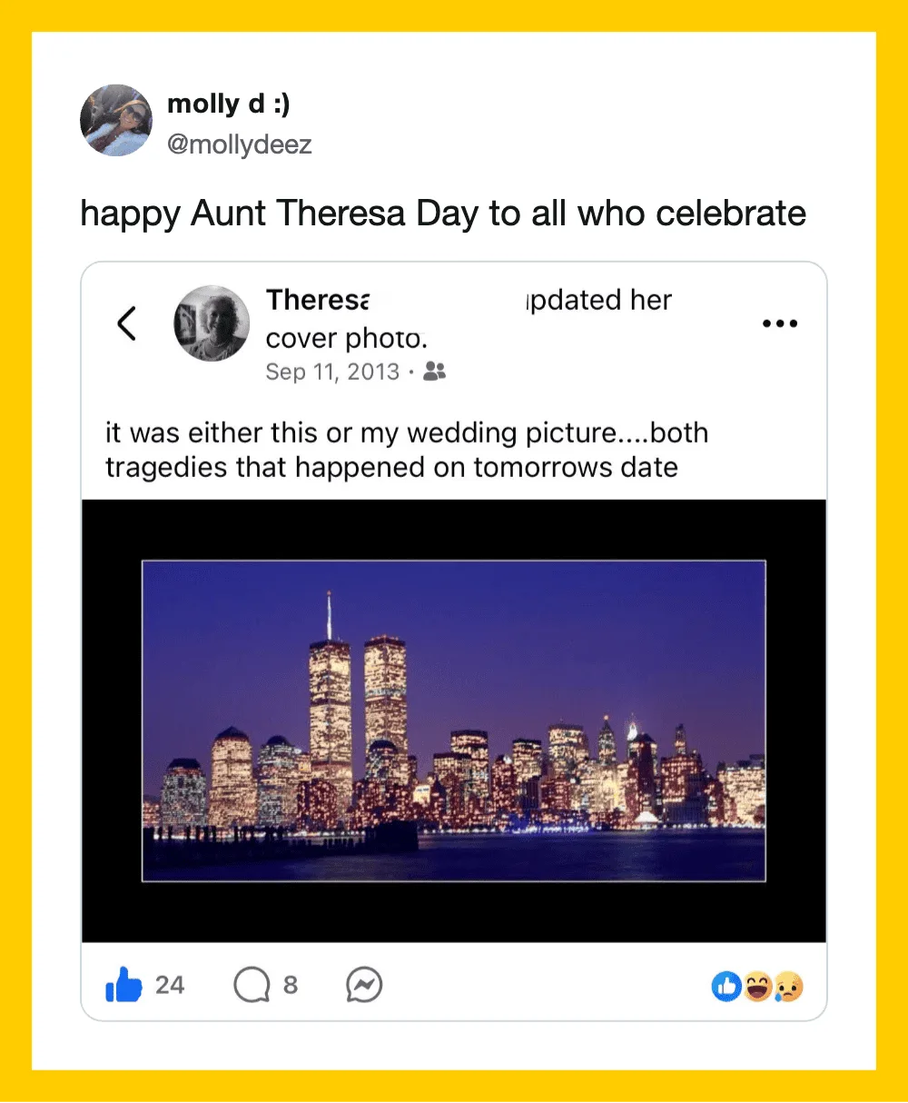 Screenshot of a Facebook post with a city skyline at night and a caption about tragedy.