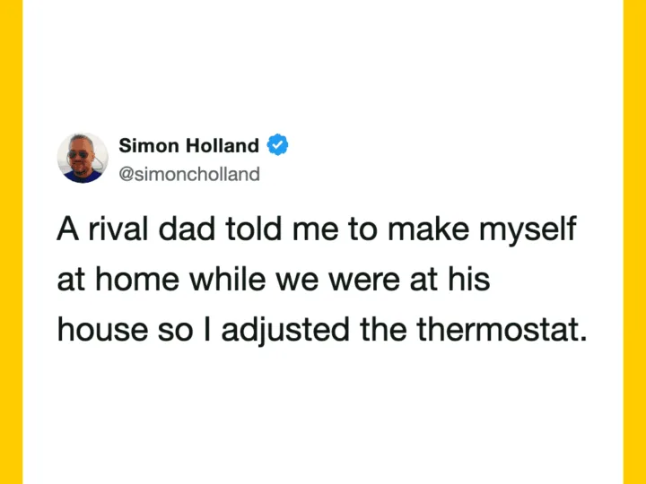 Simon Holland's tweet about adjusting the thermostat at his rival dad's house.
