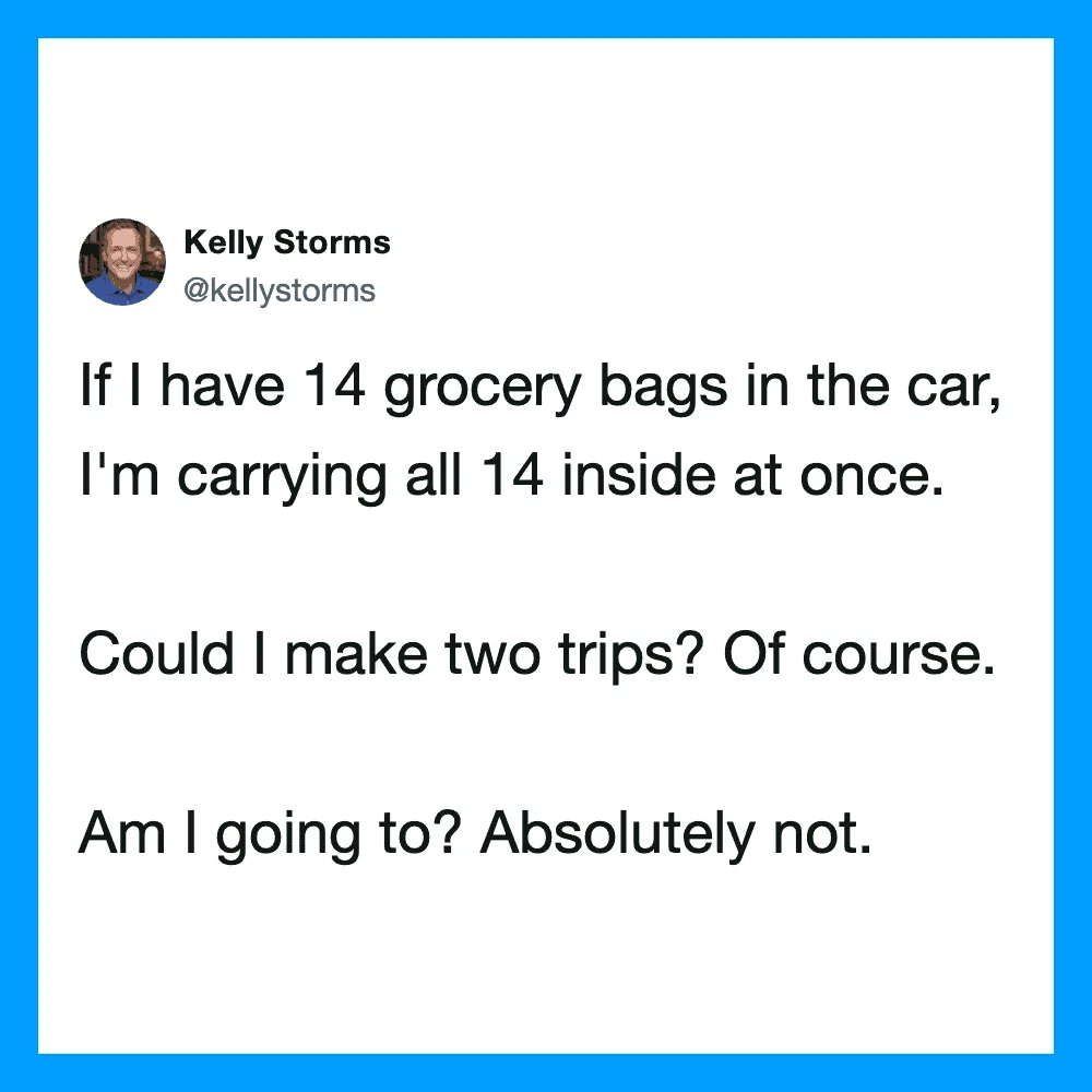 Kelly Storms tweet about carrying 14 grocery bags at once.