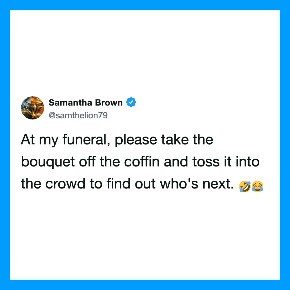 Samantha Brown's tweet about funeral humor with laughing emojis.
