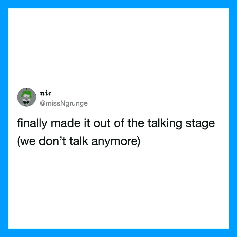 Funny tweet about a talking stage, no longer talking.