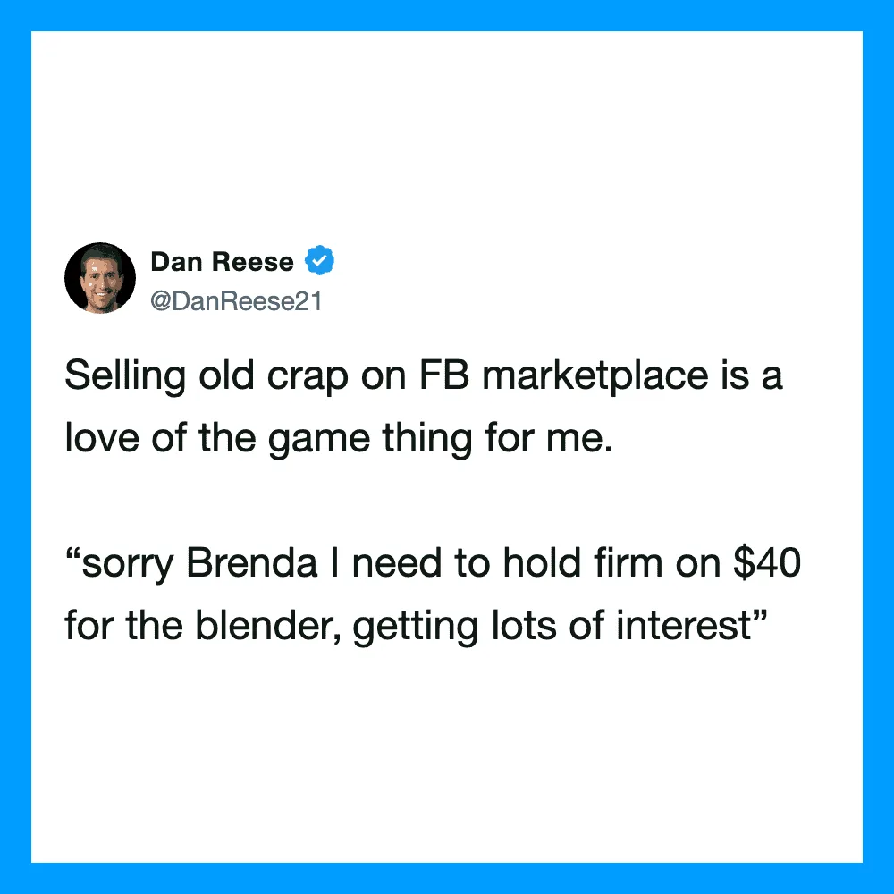 Dan Reese's tweet about selling old stuff on Facebook marketplace.
