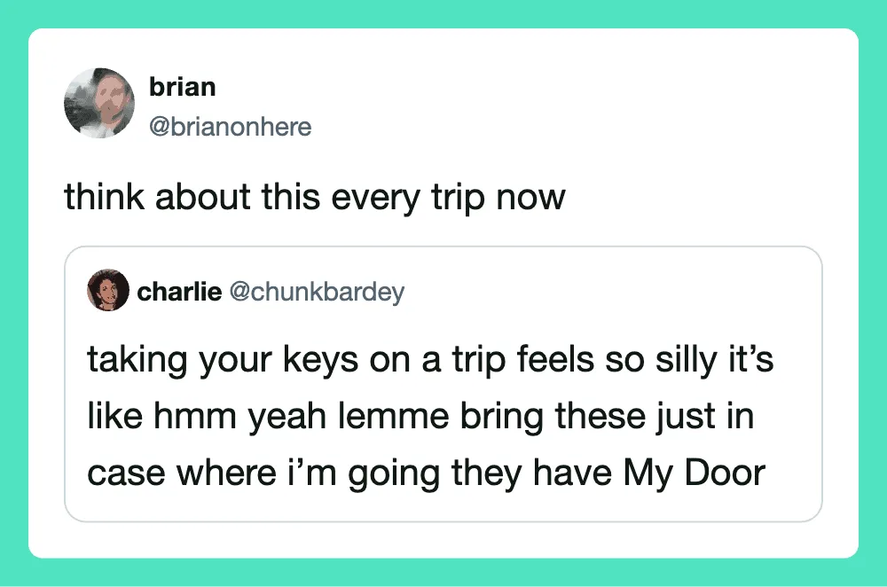 Twitter conversation about trip keys and bringing them in case of emergencies.