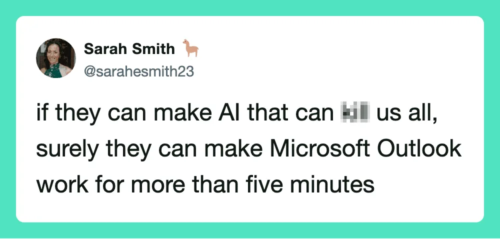 Sarah Smith's tweet about AI and Microsoft Outlook work time.