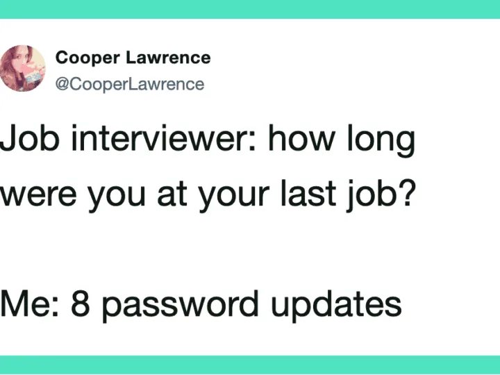 Cooper Lawrence's tweet about job interview and password updates.
