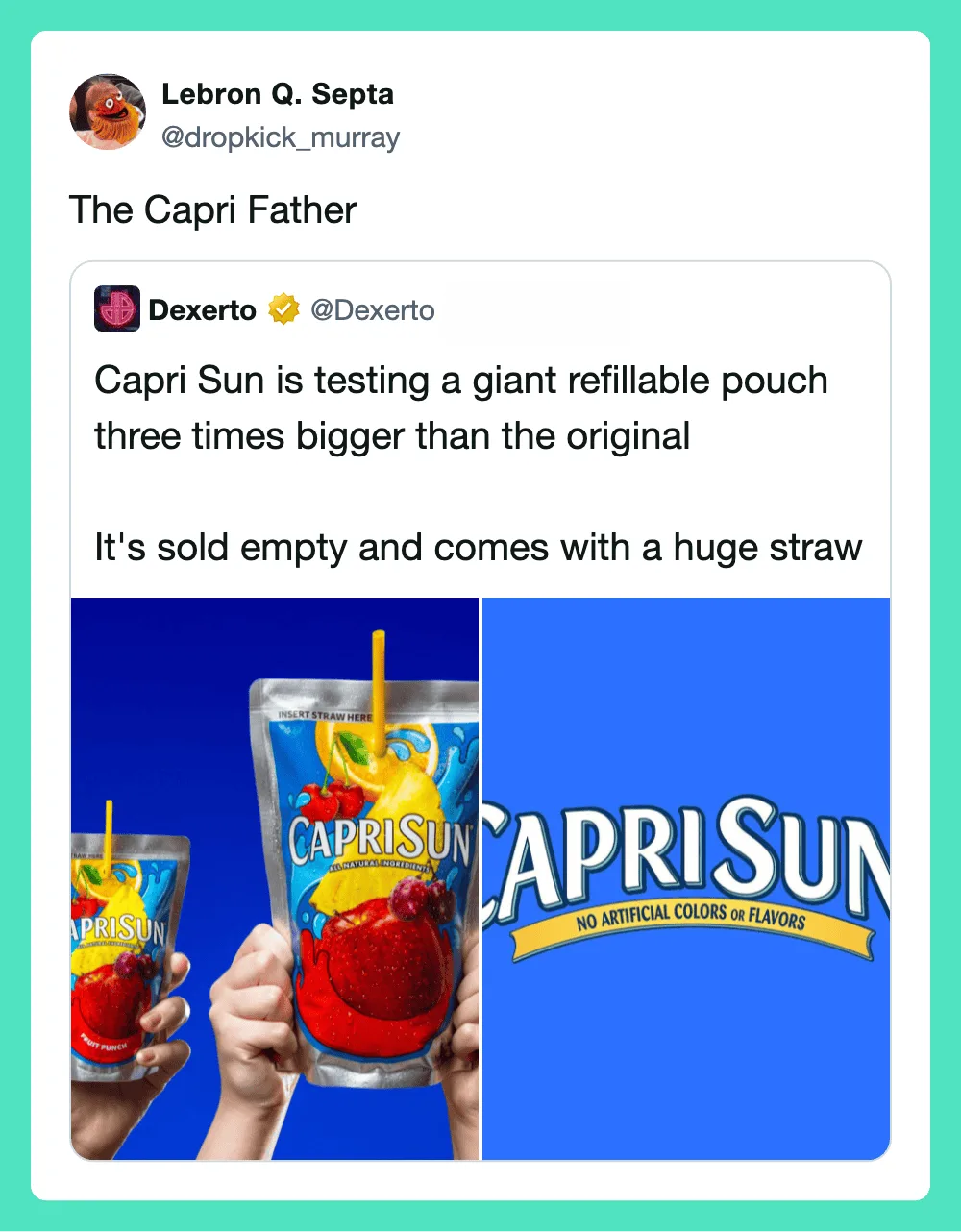 Capri Sun testing a giant refillable pouch with a straw, larger than the original.