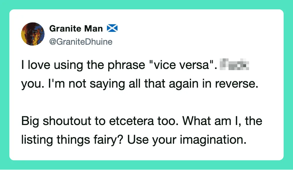 Tweet about using 'vice versa' phrase and shoutout to etcetera.