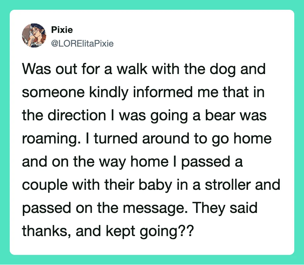 A tweet about walking with a dog and passing a stroller with a baby.