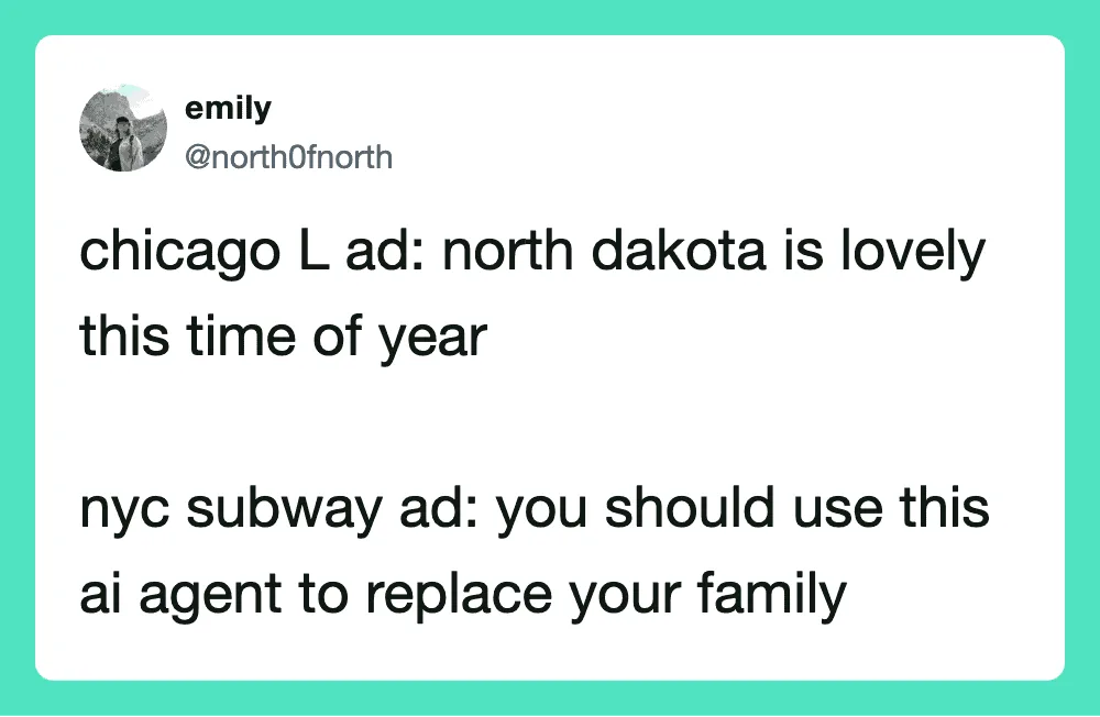 Twitter post comparing Chicago and North Dakota ads and subway AI agent suggestion.