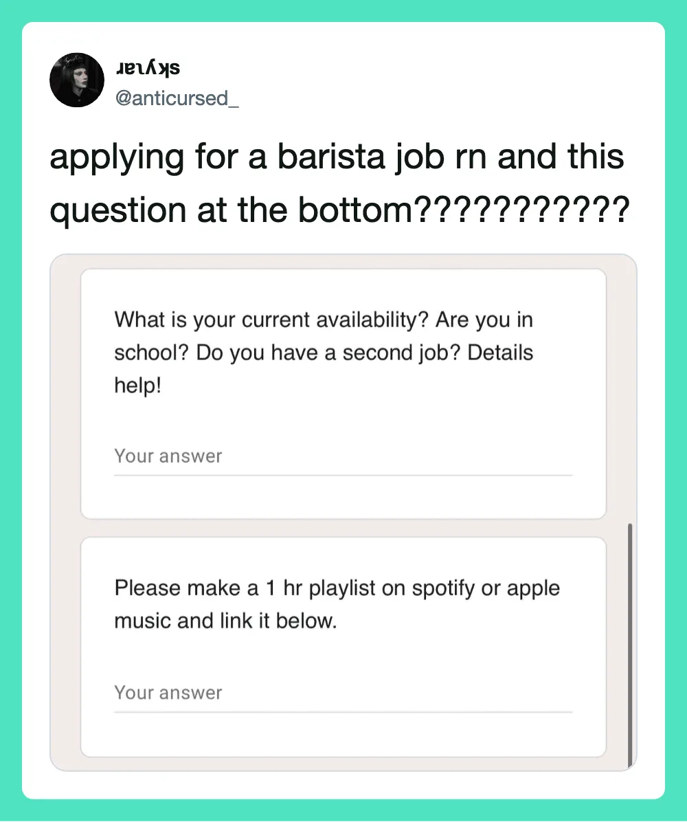 Applying for a barista job, asking about availability and playlist links.
