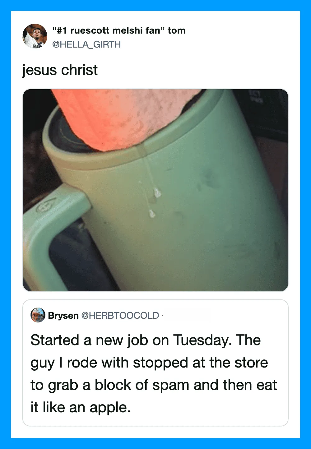 A green trash can with a pink sponge on top, with a tweet about Jesus Christ.
