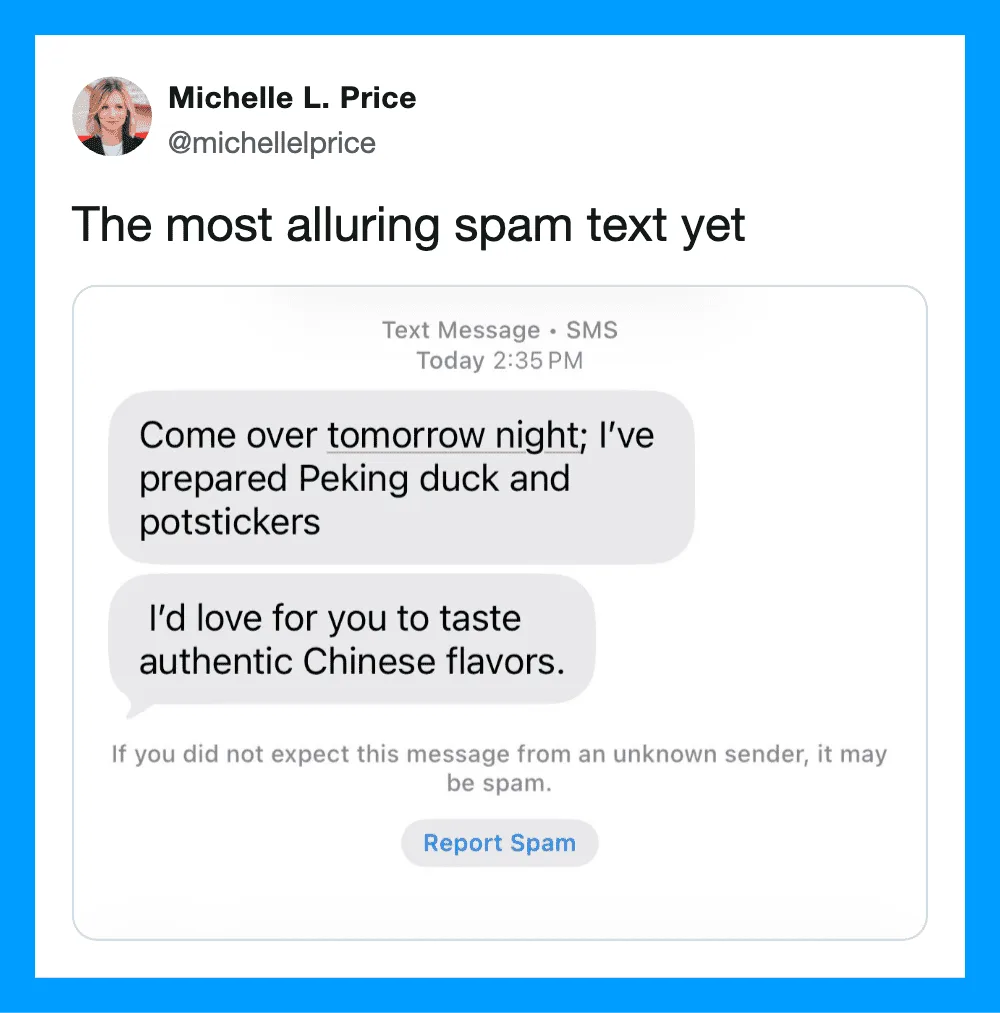 Screenshot of a tweet about spam text offering Peking duck and Chinese flavors.