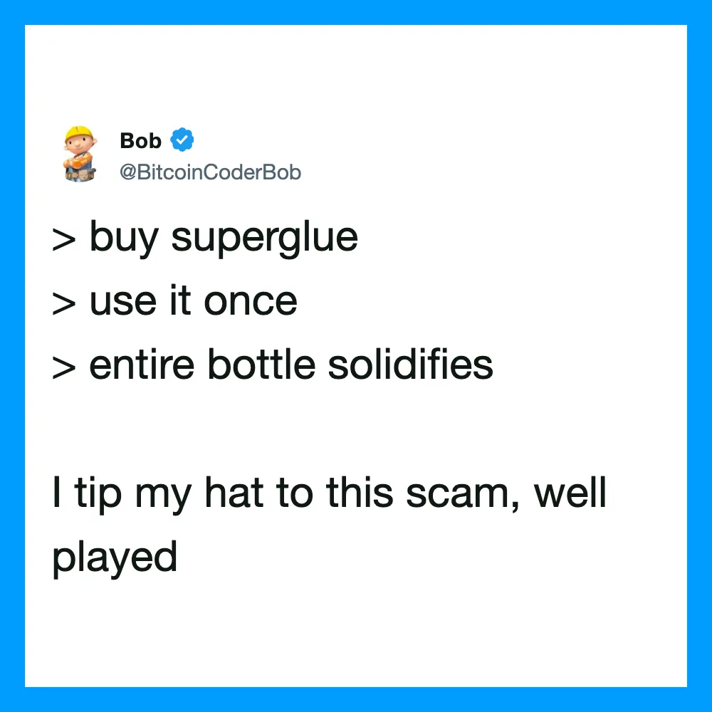 Tweet by Bob about superglue, tips, and a scam warning.