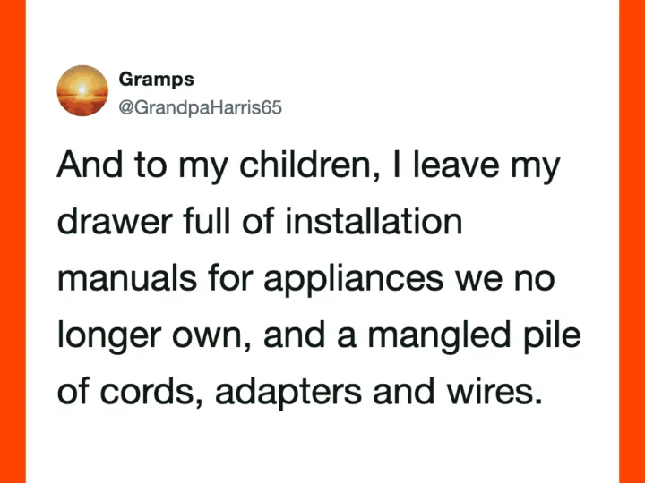 Twitter post by Gramaps about leaving installation manuals and tangled cords for children.
