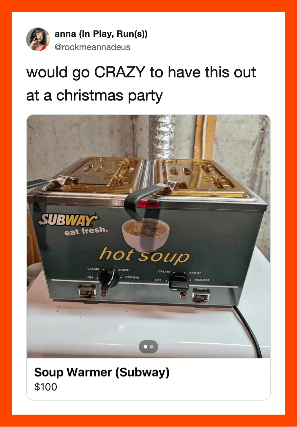 Soup Warmer (Subway) with hot soup, $100, in a store setting.
